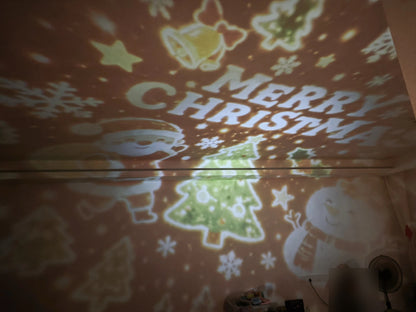 Real photo: Merry Christmas projection on wall and ceiling